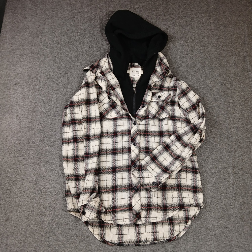 Ci Sono Plaid Collection Hooded‎ Shacket Flannel Womens Medium Black White PTP48